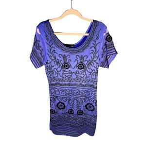 Sacada Blue Black Beaded Short Formal Dress with Sheer Sleeves and Embroidery
